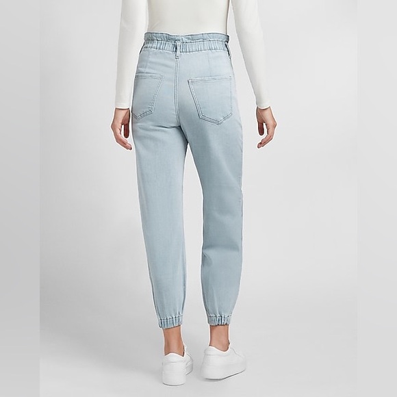 Express Super High Rise Jogger Jeans Light Wash Denim Paperbag Waist Fit sz 0 - Picture 5 of 12